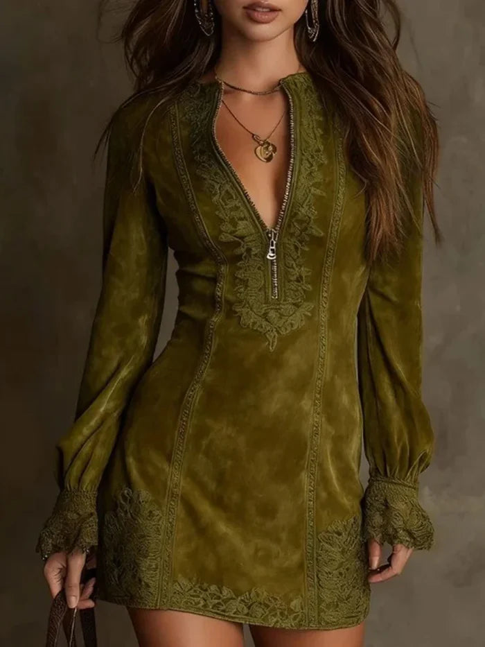 Anna - Abito corto in camoscio con pizzo